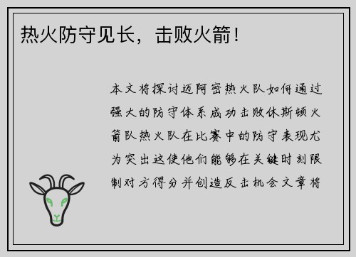 热火防守见长，击败火箭！